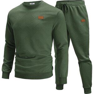 Men's 2 Piece Sweat suit Jogging Suit Sets Long Sleeve Jacquard Shirt Army Green
